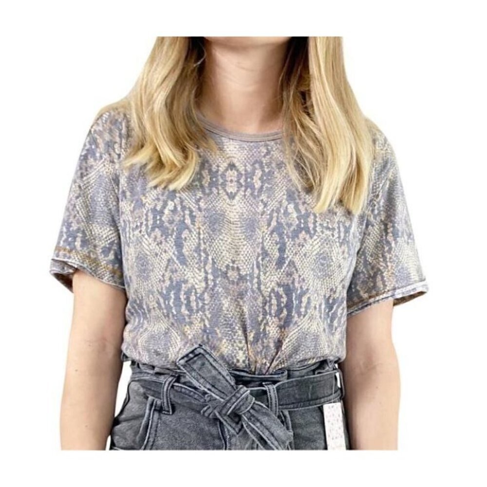Free People Womens Small Tourist Sleeve Knit Black Snake Combo Tee Shirt Tan